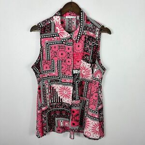 Notations Woman 1X Sleeveless Button Blouse Pink Boho‎ Festival Geometric Top